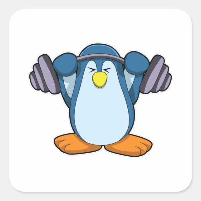 Pegatina Cuadrada Pingüino en Bodybuilding with Dumbbels (Anverso)