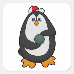 Pegatina Cuadrada Pingüino en bolos con bola de bolos