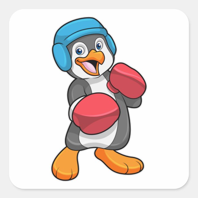 Pegatina Cuadrada Pingüino en Boxeo con guantes de boxeo y casco (Anverso)