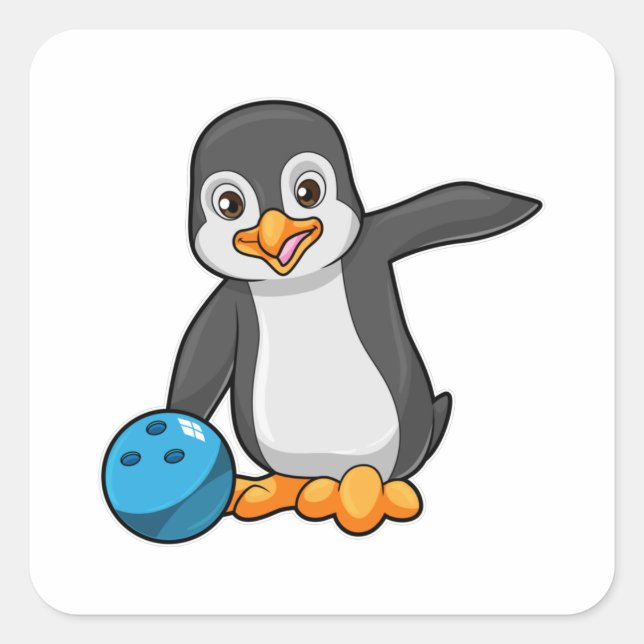 Pegatina Cuadrada Pingüino en el Bowling con bolas (Anverso)