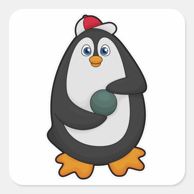 Pegatina Cuadrada Pingüino en el Bowling con bolas (Anverso)