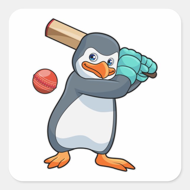 Pegatina Cuadrada Pingüino en el críquet con bate de críquet (Anverso)