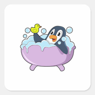 Pegatina Cuadrada Pingüino en la bañera con pato