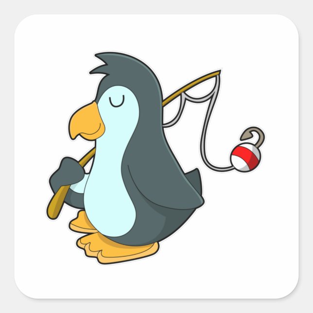 Pegatina Cuadrada Pingüino en la pesca con barra de pesca (Anverso)