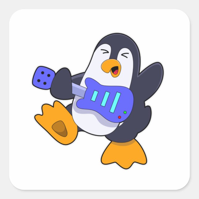 Pegatina Cuadrada Pingüino en Música con Guitarra (Anverso)