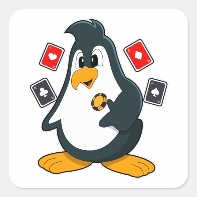 Pegatina Cuadrada Pingüino en Poker con tarjetas de póker (Anverso)