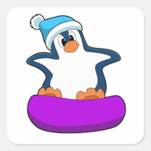 Pegatina Cuadrada Pingüino en Snowboard con Snowboard
