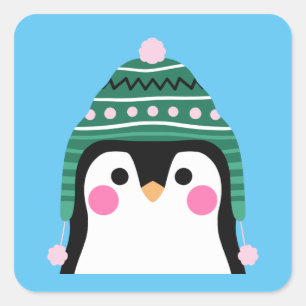 Pegatina Cuadrada Pingüino en Tuque de Invierno