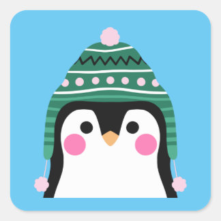 Pegatina Cuadrada Pingüino en Tuque de Invierno