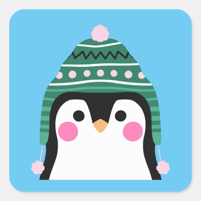 Pegatina Cuadrada Pingüino en Tuque de Invierno (Anverso)