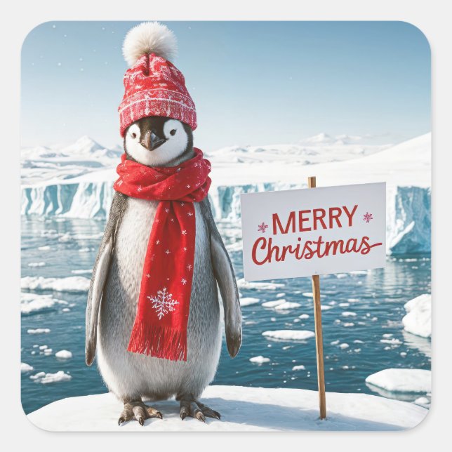 Pegatina Cuadrada Pingüino En Un Iceberg (Anverso)