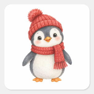 Pegatina Cuadrada Pingüino en un sombrero de punto
