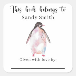 Pegatina Cuadrada Pingüino - Este libro pertenece a con mensaje
