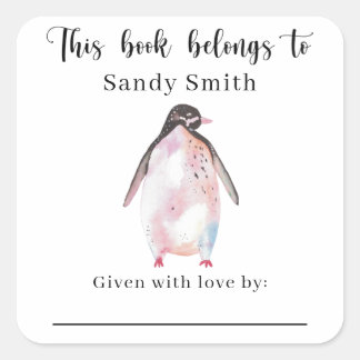 Pegatina Cuadrada Pingüino - Este libro pertenece a con mensaje
