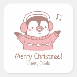 Pegatina Cuadrada Pingüino Feliz y Adorable con Suéter, Feliz Navida