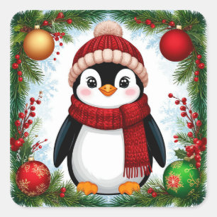 Pegatina Cuadrada Pingüino Festivo Decorado Con Adornos Navideños