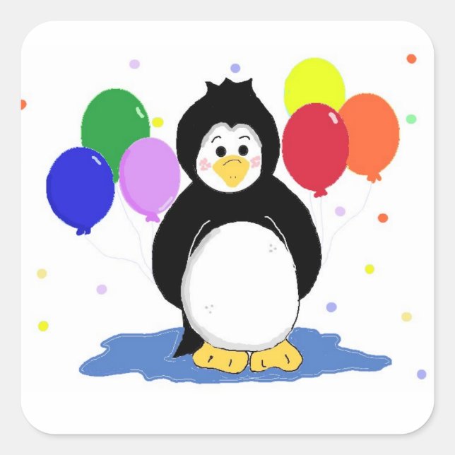 Pegatina Cuadrada Pingüino Lindo con Globos de Fiesta (Anverso)