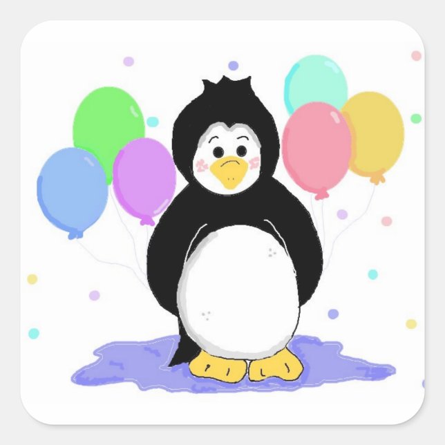 Pegatina Cuadrada Pingüino Lindo con Globos de Fiesta (Anverso)