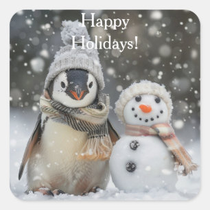 Pegatina Cuadrada Pingüino lindo con tema de invierno de snowman