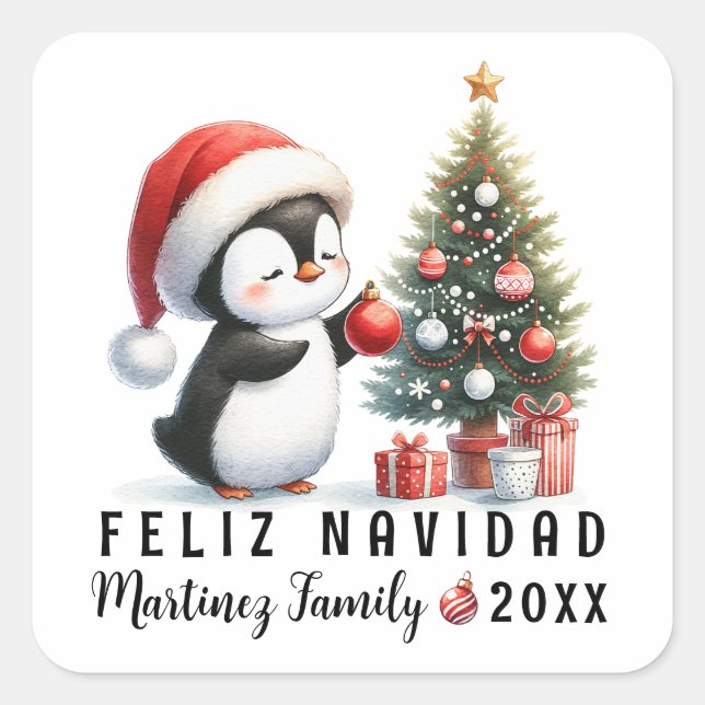 Pegatina Cuadrada Pingüino lindo en Santa Hat Feliz Navidad (Anverso)