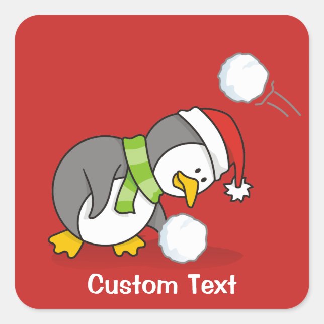 Pegatina Cuadrada Pingüino navidad recibiendo bola de nieve (Anverso)