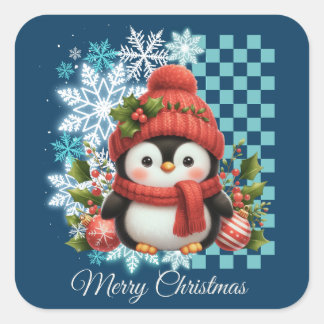 Pegatina Cuadrada Pingüino Navidades