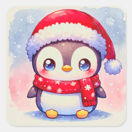 Pegatina Cuadrada Pingüino Navidades