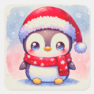 Pegatina Cuadrada Pingüino Navidades