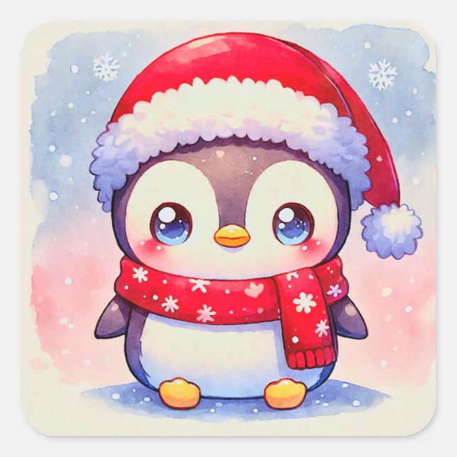 Pegatina Cuadrada Pingüino Navidades (Anverso)