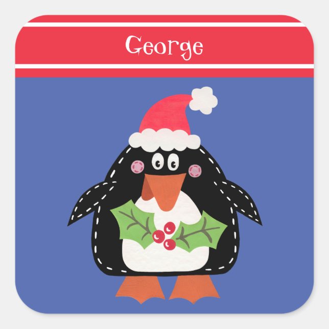 Pegatina Cuadrada Pingüino Navidades personalizados (Anverso)