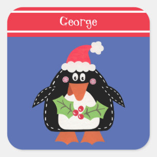 Pegatina Cuadrada Pingüino Navidades personalizados
