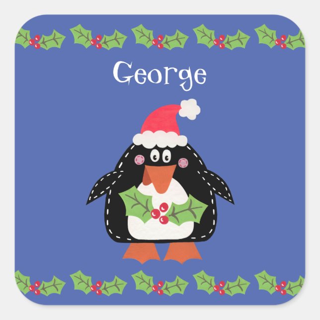 Pegatina Cuadrada Pingüino Navidades personalizados (Anverso)