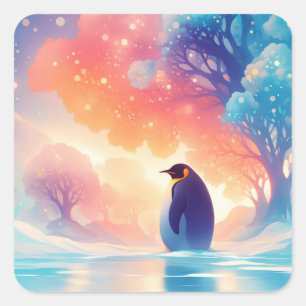 Pegatina Cuadrada Pingüino Noble en Lago Congelado con Bosque Mágico