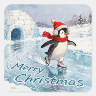 Pegatina Cuadrada Pinguino patinando sobre hielo Feliz Navidad