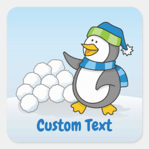 Pegatina Cuadrada Pingüino pequeño con bolas de nieve ondeando