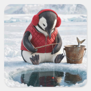 Pegatina Cuadrada Pingüino pesca en hielo en un glaciar ártico