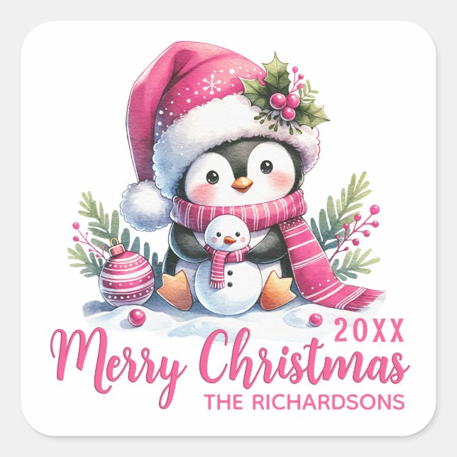 Pegatina Cuadrada Pingüino Pingüino Fun Blanco Rosa Feliz Navidad (Anverso)