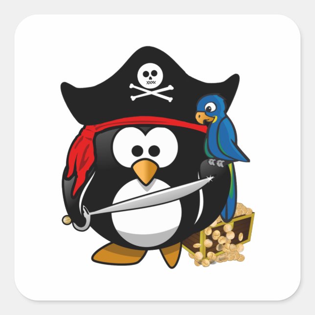 Pegatina Cuadrada Pingüino pirata con tesoro en pecho (Anverso)