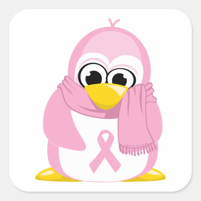 Pegatina Cuadrada Pingüino rosa con cáncer de mama (Anverso)