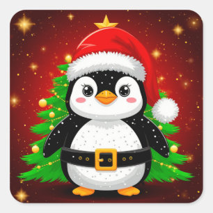 Pegatina Cuadrada 🐧 Pingüino Santa Claus Árbol de Navidad Diversión