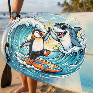 Pegatina Cuadrada Pingüino Surfista y Tiburón Dándose la Mano