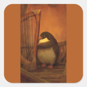 Pegatina Cuadrada Pingüino y Arpa – Un Momento Tranquilo de Música