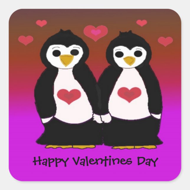 Pegatina Cuadrada Pingüinos con Corazones (Anverso)