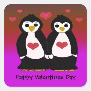 Pegatina Cuadrada Pingüinos con Corazones