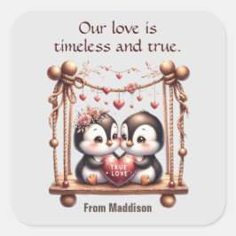 Pegatina Cuadrada Pingüinos de amor verdadero día de San Valentín en
