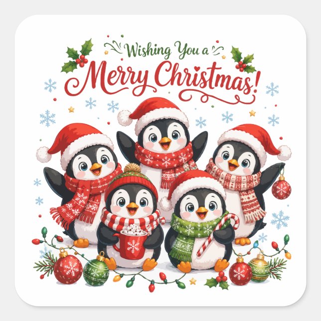 Pegatina Cuadrada Pingüinos Kawaii de Navidad (Anverso)