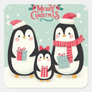 Pegatina Cuadrada Pingüinos nevados de Feliz Navidad