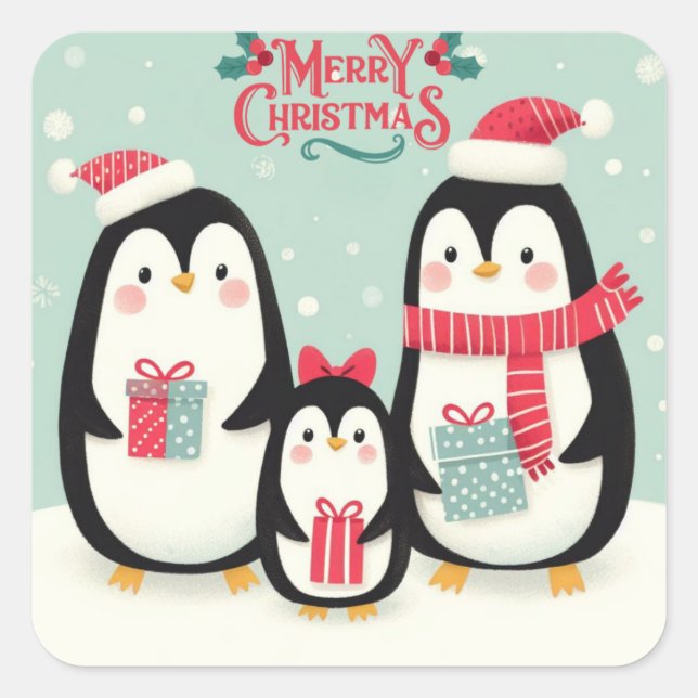 Pegatina Cuadrada Pingüinos nevados de Feliz Navidad (Anverso)