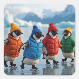 Pegatina Cuadrada Pingüinos patinando sobre hielo en un lago ártico
