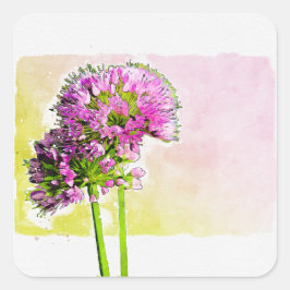 Pegatina Cuadrada Pink Allium Watercolor Floral Sticker Seal